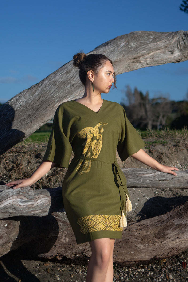 TŪĪ KIMONO DRESS - COTTON / LINEN - OLIVE