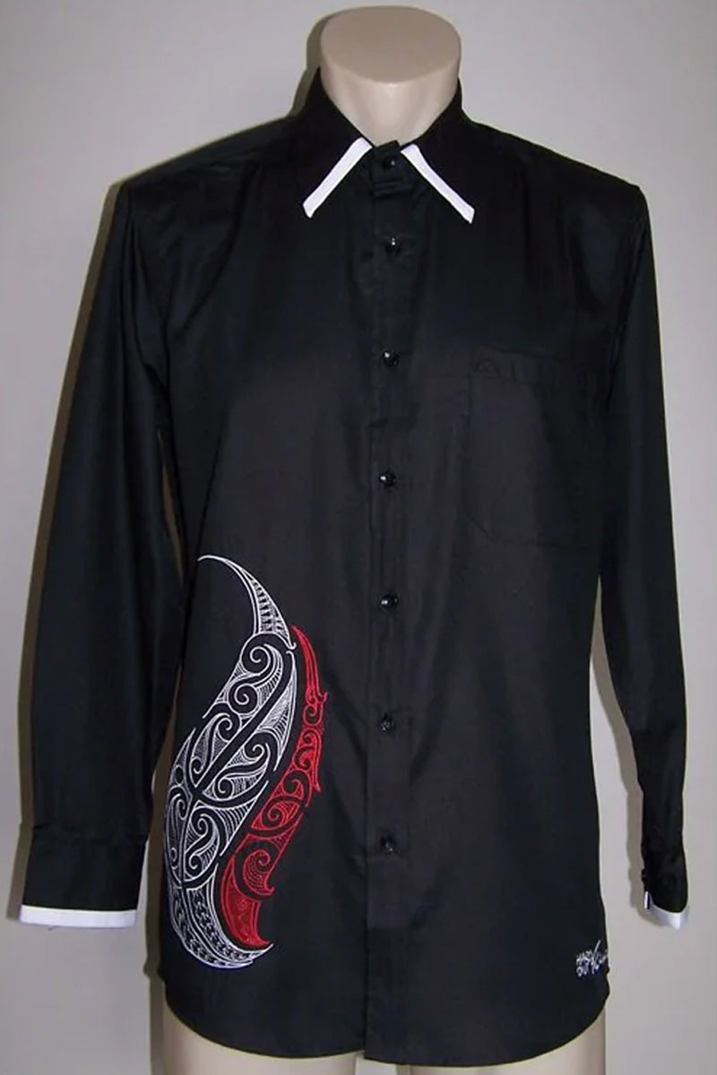BUSINESS SHIRT BLACK LONG SLEEVES WITH EMBROIDERED DOUBLE HAMMERHEAD PATTERN